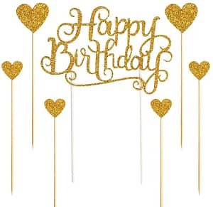 Happy Birthday Cake Toppers 7pcs Gold Glitter Letters"Happy Birthday"and Heart Party Decorations