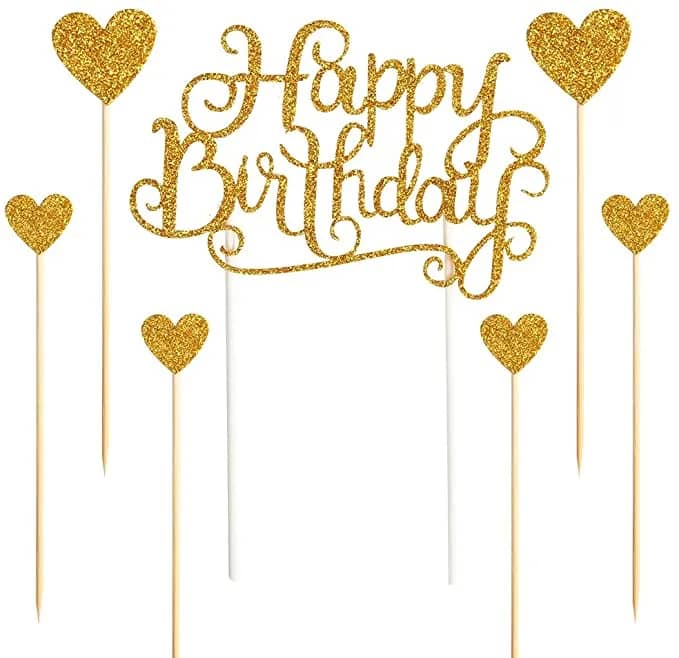 Happy Birthday Cake Toppers 7pcs Gold Glitter Letters"Happy Birthday"and Heart Party Decorations