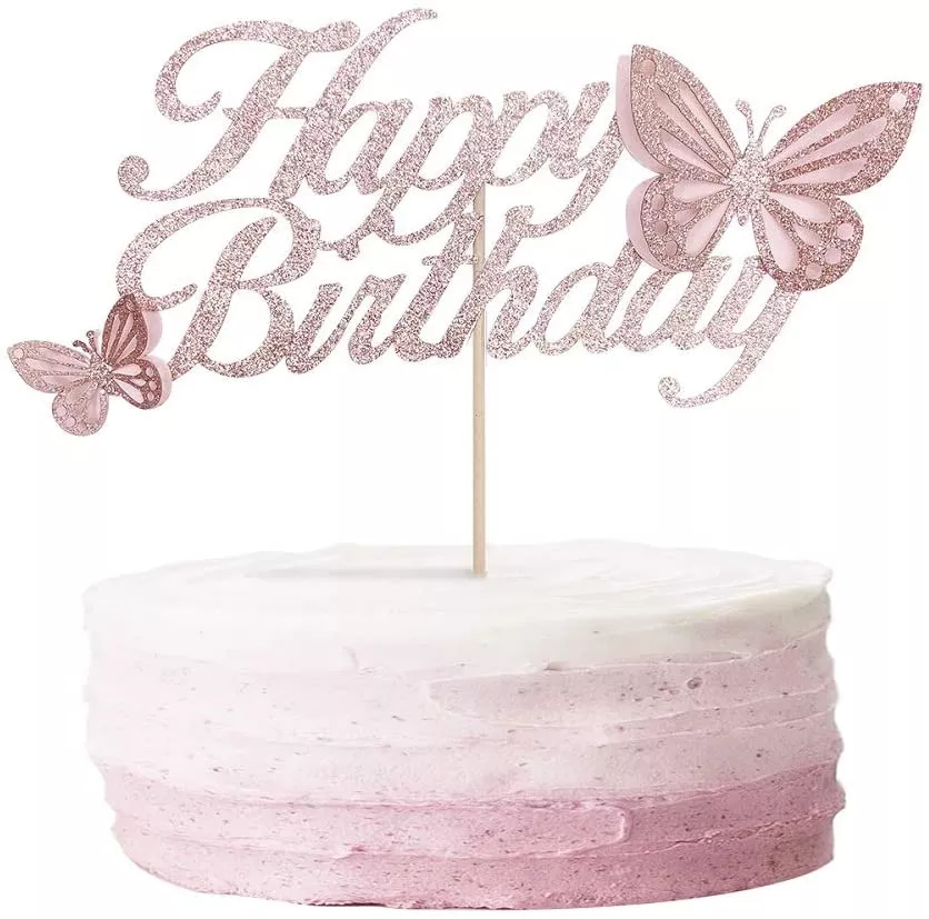 Happy Birthday Cake Topper Rose Gold Butterfly